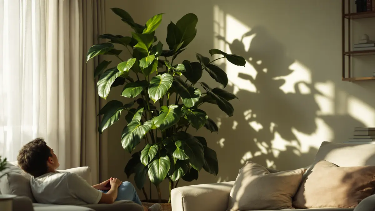 Ik ontdekte deze plant met grote bladeren die gedijt in mijn donkere woonkamer, en zij heeft mijn ruimte omgetoverd tot een rustgevend groen hoekje.