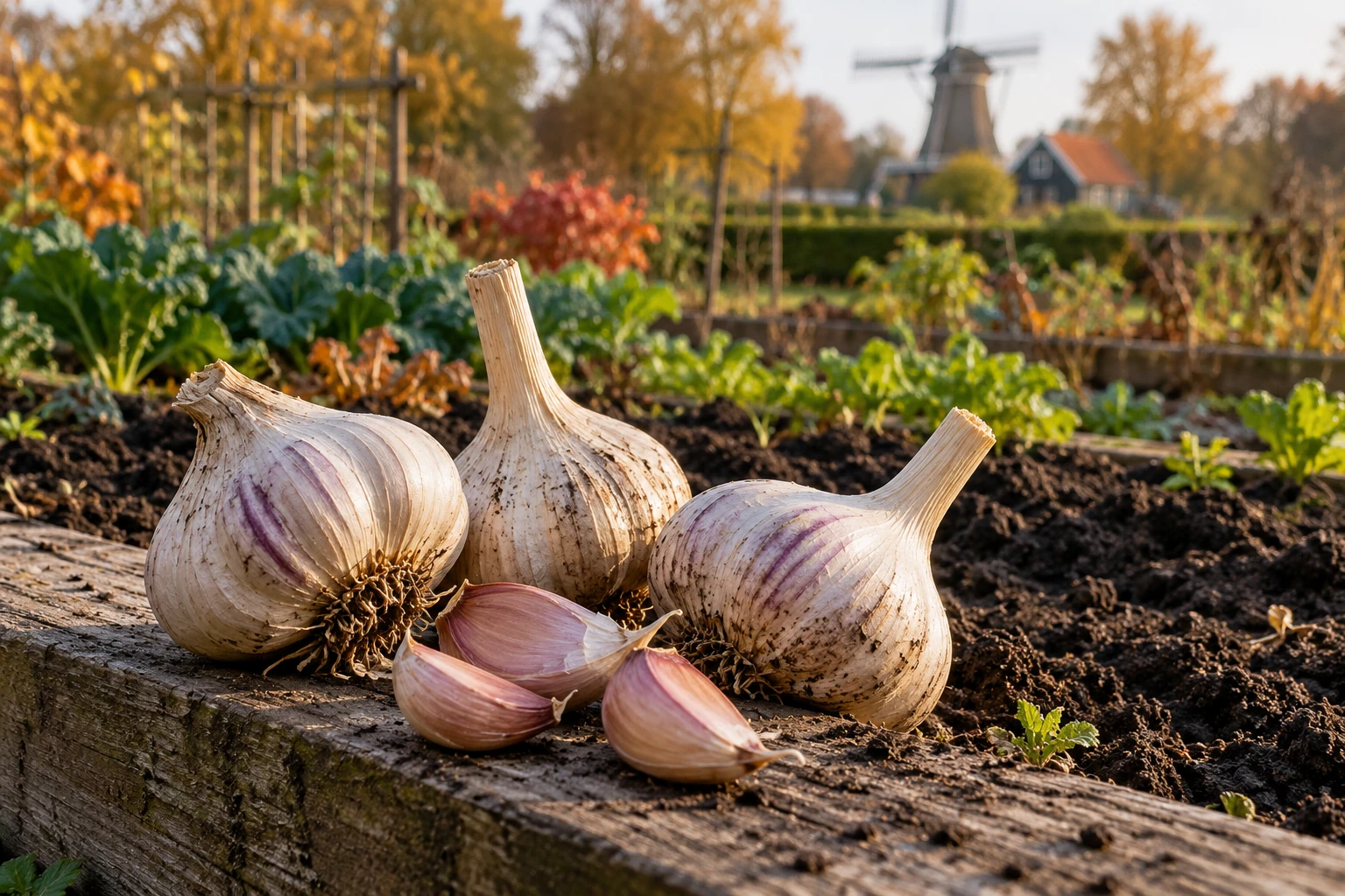 Drie knoflookbollen met losse teentjes op tuinbedrand, moestuin en molen op achtergrond