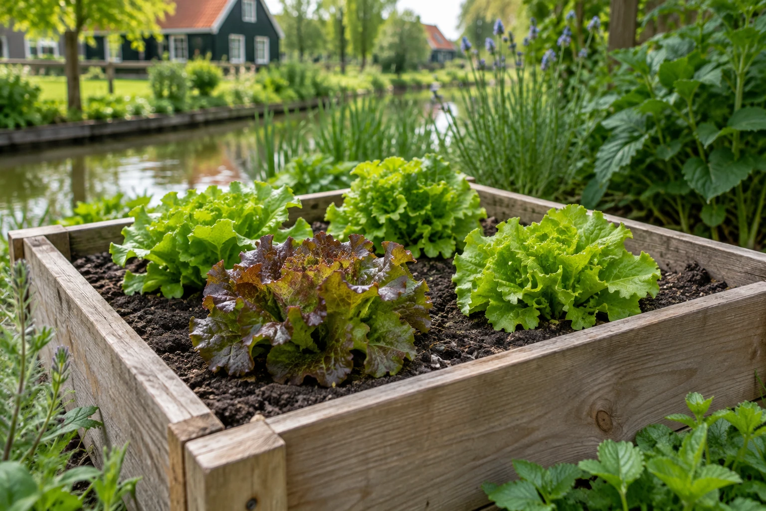 Houten verhoogde bak met verschillende kropjes sla bij zonnige tuin en gracht
