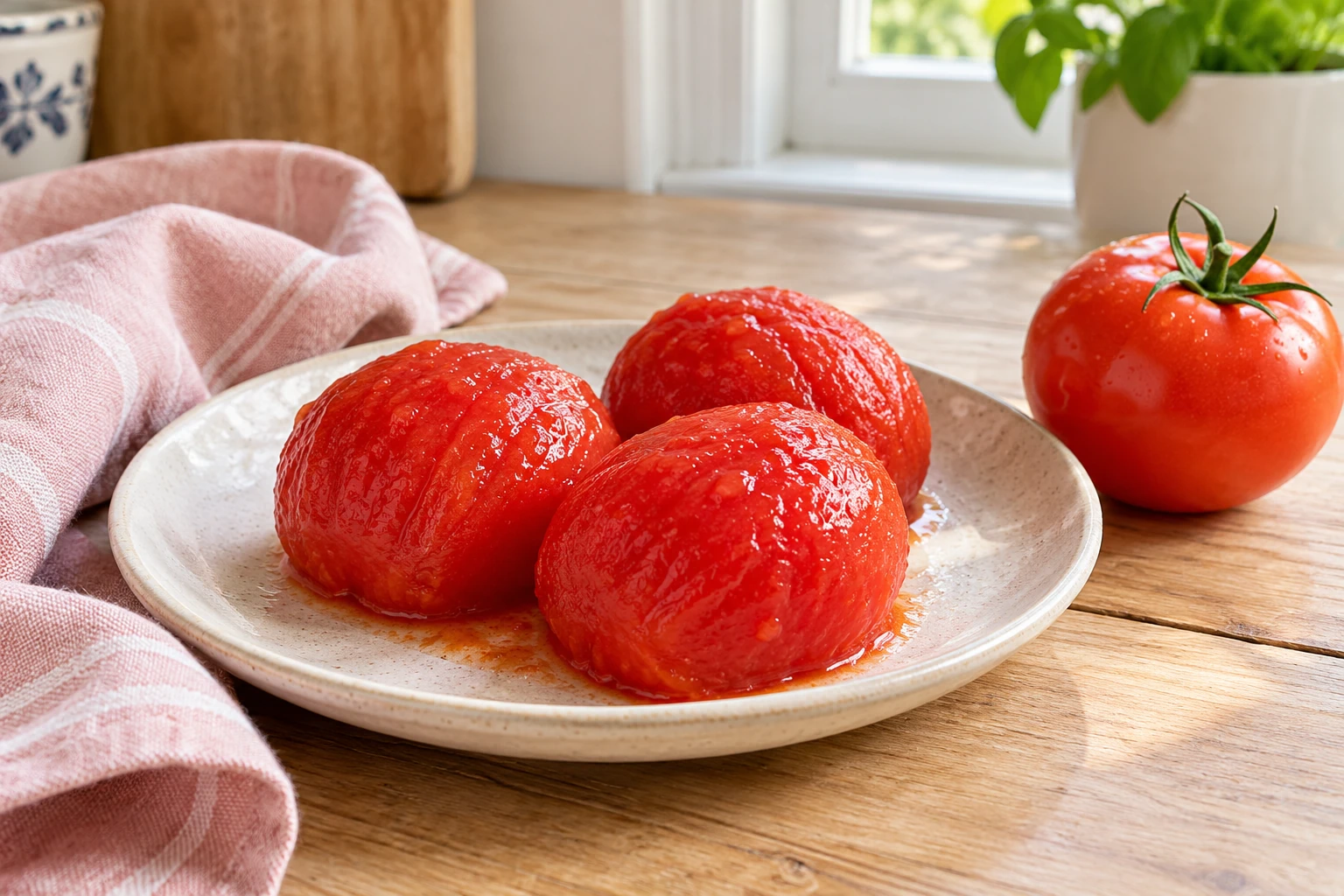 Drie geschilde tomaten op een wit bord naast een ongeschilde tomaat en keukendoek